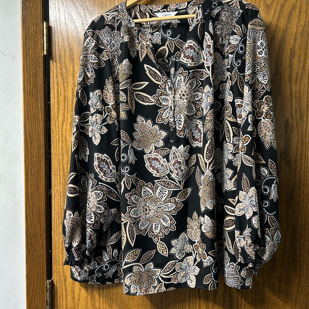 CJ Banks Black and Brown Floral Blouse